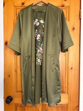 Floreat Olive Green Satin Duster with Floral Embroidery like new